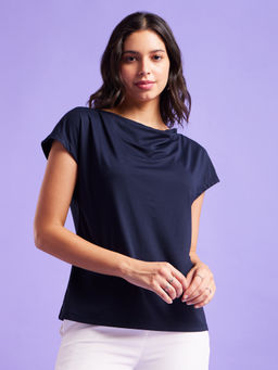 FableStreet - Cowl Neck Drop Shoulder Top - Navy Blue
