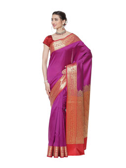 Banarasi Silk Works - Magenta Valkalam Katan Silk Anchal Saree with Unstitched Blouse