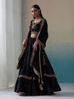 WeaverStory - Black Velvet Zardozi Kalidaar Lehenga with Blouse and Doshala (Set of 3)