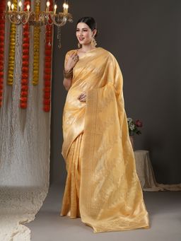 Akhilam - Womens Organza Yellow Woven Design Designer Saree with Unstitched Blouse