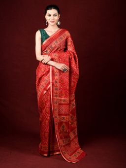 EXCLUSIVA - Red Cotton Printed Saree Thread Weaving with Unstitched Blouse