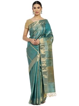Fabindia - Silk Woven Saree without Blouse - Teal