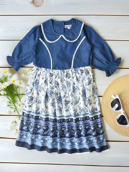 Bella Moda - Cotton Denim Woven Three Fourth Floral Dress With Lace Detailing -Blue