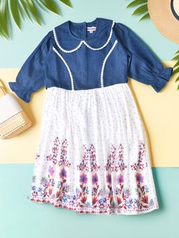 Bella Moda - Cotton Denim Woven Three Fourth Floral Dress With Lace Detailing -Pink