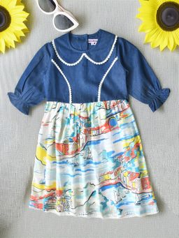 Bella Moda - Cotton Denim Woven Three Fourth Dress With Lace Detailing -Multi