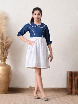 Bella Moda - Cotton Denim Woven Three Fourth Floral Dress With Lace Detailing -White