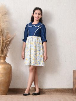 Bella Moda - Cotton Denim Woven Three Fourth Floral Dress With Lace Detailing -Navy