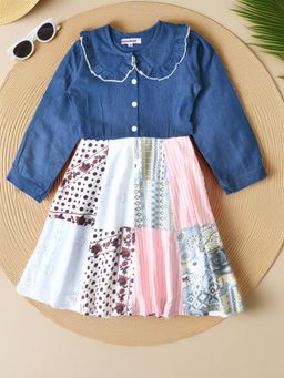 Bella Moda - Cotton Denim Cut And Sew Floral Printed Dress With Lace Detailing -Pink