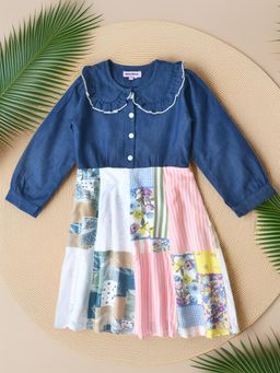 Bella Moda - Cotton Denim Woven Cut And Sew Floral Dress With Lace Detailing -Multi