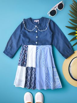 Bella Moda - Cotton Denim Woven Cut And Sew Dress With Lace Detailing -Blue