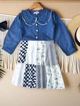 Bella Moda - Cotton Denim Woven Cut And Sew Dress With Lace Detailing -Black