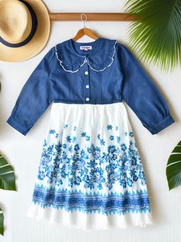 Bella Moda - Cotton Denim Woven Cut And Sew Dress With Lace Detailing -Navy Blue