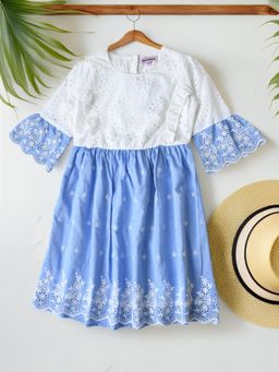 Bella Moda - Cotton Woven Three Fourth Sleeves Schiffler Floral Embroidered Dress-Blue