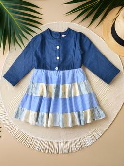 Bella Moda - Cotton Denim Woven Three Fourth Sleeves Cut And Sew Dress-Multi