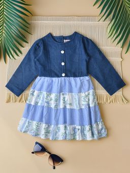 Bella Moda - Cotton Denim Woven Three Fourth Sleeves Cut And Sew Dress-Blue