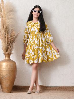 Bella Moda - Cotton Woven Three Fourth Puffed Sleeves Printed Dress-Mustard