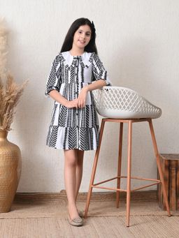 Bella Moda - Cotton Woven Three Fourth Puffed Sleeves Printed Dress-Black