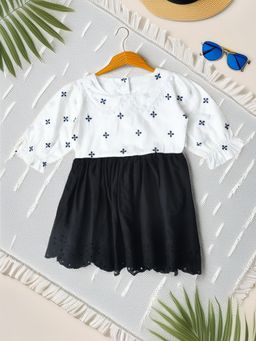 Bella Moda - Cotton Woven Three Fourth Sleeves Floral Printed Dress-White