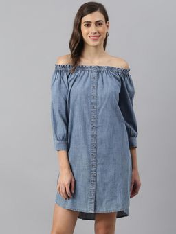 Xpose - Women Blue Off Shoulder Denim Dress