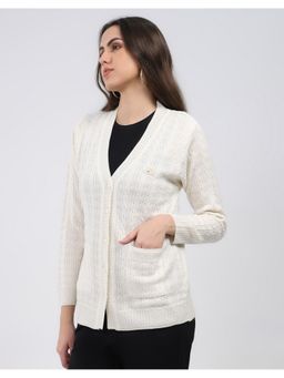 Monte Carlo - Women White V Neck Full Sleeve Cardigan