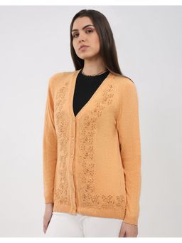 Monte Carlo - Women Peach V Neck Full Sleeve Cardigan