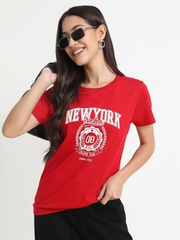 R&B - Cotton Red Typography Half Sleeves Round Neck T-Shirt