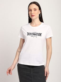 R&B - White Graphic Half Sleeves Round Neck Cotton T-Shirt
