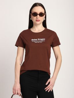 R&B - Cotton Brown Typography Half Sleeves Crew Neck T-Shirt