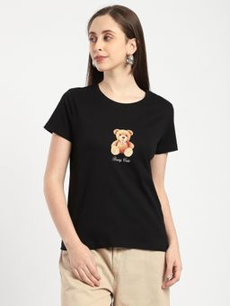 R&B - Cotton Black Graphic Half Sleeves Crew Neck T-Shirt