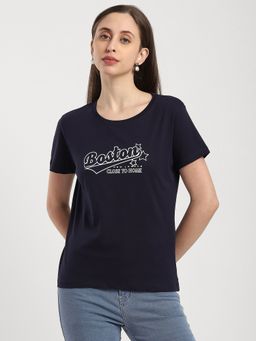 R&B - Cotton Navy Blue Typography Half Sleeves Crew Neck T-Shirt