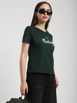 R&B - Women Cotton Green Typography Half Sleeves Crew Neck T-Shirt