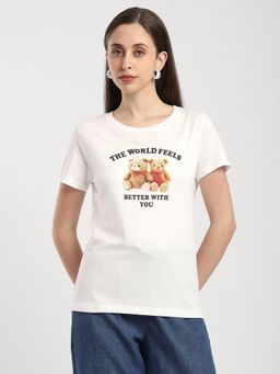 R&B - Cotton White Graphic Half Sleeves Crew Neck T-Shirt