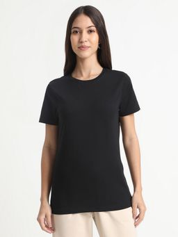 R&B - Cotton Blend Black Solid Half Sleeves Round Neck T-Shirt