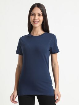 R&B - Cotton Blend Blue Solid Half Sleeves Crew Neck T-Shirt