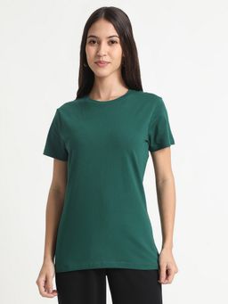 R&B - Cotton Blend Green Solid Half Sleeves Round Neck T-Shirt