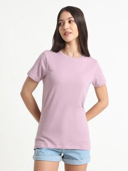R&B - Cotton Blend Lavender Solid Half Sleeves Round Neck T-Shirt