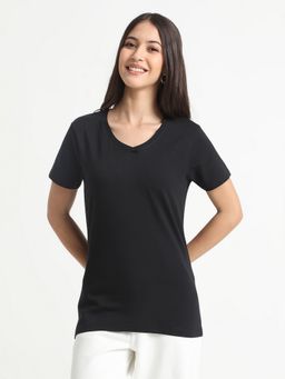 R&B - Cotton Blend Black Solid Half Sleeves V-Neck T-Shirt