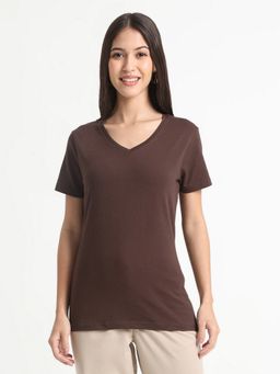 R&B - Cotton Blend Brown Solid Half Sleeves V-Neck T-Shirt