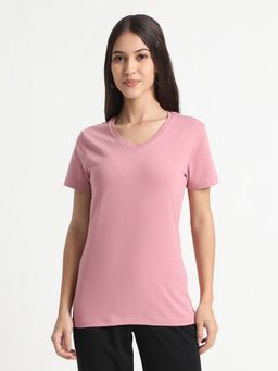 R&B - Cotton Blend Pink Solid Half Sleeves V-Neck T-Shirt