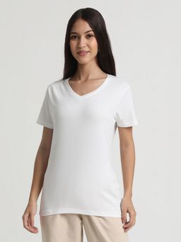 R&B - Cotton Blend White Solid Half Sleeves V-Neck T-Shirt