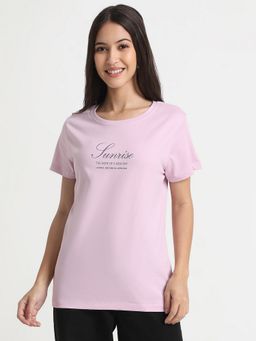 R&B - Cotton Lavender Typography Half Sleeves Round Neck T-Shirt