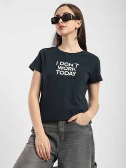 R&B - Cotton Navy Blue Typography Half Sleeves Crew Neck T-Shirt