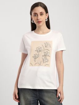 R&B - White Cotton Graphic Half Sleeves Crew Neck T-Shirt