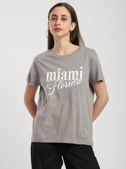 R&B - Cotton Grey Typography Half Sleeves Crew Neck T-Shirt