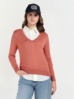 GANT - Women Rust Orange Wool Solid V Neck Sweater