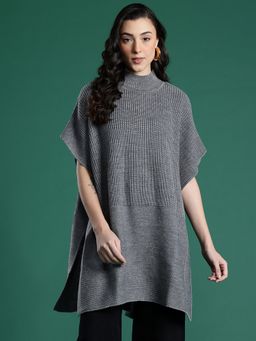 CAYMAN - Ribbed High Neck Woolen Longline Grey Poncho