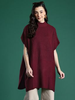 CAYMAN - Ribbed High Neck Woolen Longline Maroon Poncho