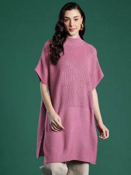 CAYMAN - Ribbed High Neck Woolen Longline Mauve Poncho