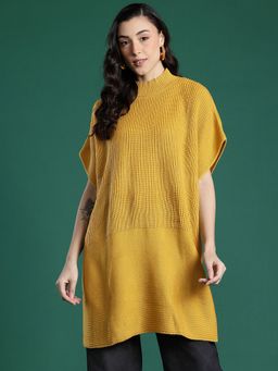 CAYMAN - Ribbed High Neck Woolen Longline Mustard Poncho