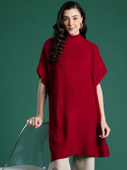 CAYMAN - Ribbed High Neck Woolen Longline Red Poncho
